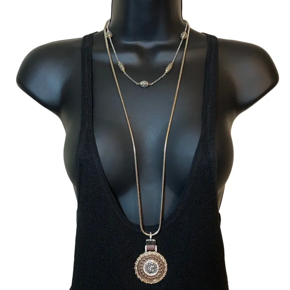 WHBM long chain necklace 2 sided CZ pendant + scroll stations chain necklace.